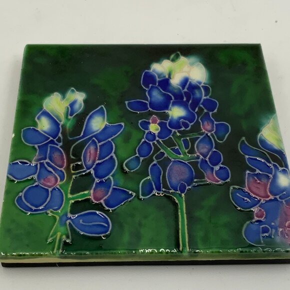 Hand Painted Texas Bluebonnet Flowers Square Ceramic Tile Raised Details - Picture 3 of 8